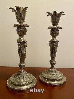 Pair Antique Silver French Louis XVI Candlesticks Lion