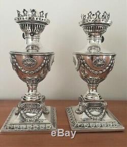 Pair Neoclassical Silver Plate Oil Lamps Early 20th Century