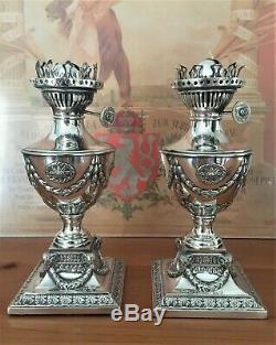 Pair Neoclassical Silver Plate Oil Lamps Early 20th Century