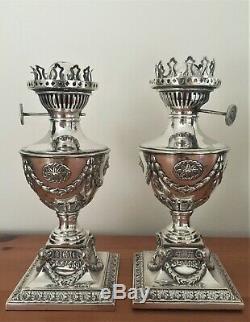 Pair Neoclassical Silver Plate Oil Lamps Early 20th Century