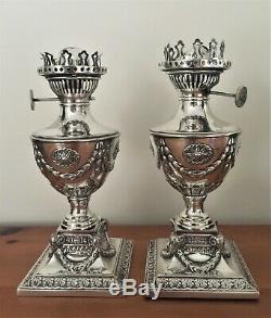 Pair Neoclassical Silver Plate Oil Lamps Early 20th Century