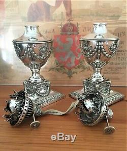 Pair Neoclassical Silver Plate Oil Lamps Early 20th Century