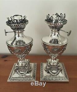 Pair Neoclassical Silver Plate Oil Lamps Early 20th Century