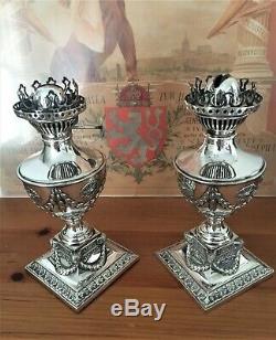 Pair Neoclassical Silver Plate Oil Lamps Early 20th Century