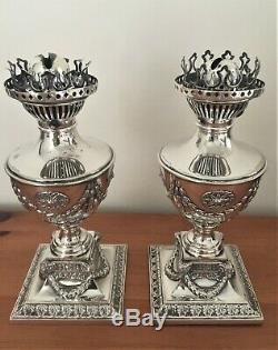 Pair Neoclassical Silver Plate Oil Lamps Early 20th Century