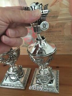 Pair Neoclassical Silver Plate Oil Lamps Early 20th Century