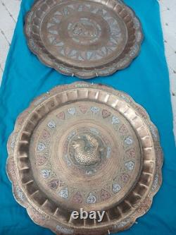Pair Of Antique Sri Lankan Tri Metal Wall Tray Silver Copper Inlay