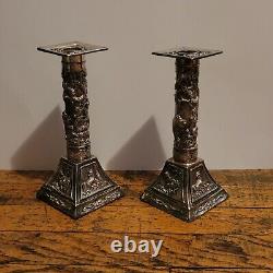 Pair Shanghai Tang Silver Plated Lunar Calendar Candlesticks