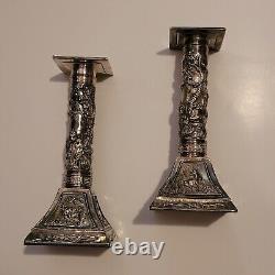 Pair Shanghai Tang Silver Plated Lunar Calendar Candlesticks