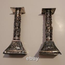 Pair Shanghai Tang Silver Plated Lunar Calendar Candlesticks