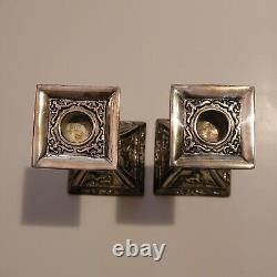 Pair Shanghai Tang Silver Plated Lunar Calendar Candlesticks