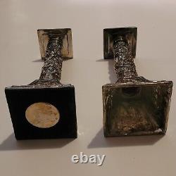 Pair Shanghai Tang Silver Plated Lunar Calendar Candlesticks