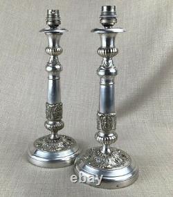 Pair of Antique Table Lamps Christofle Silver Plated Acanthus Leaf Column RARE