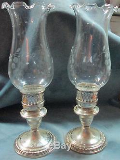 Pair of La Pierre Sterling Silver Hurricane Candle Holders With Original Shades