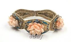 Pink Coral & Enamel Bracelet Handwrought Gold Plated Silver Cloisonné Features