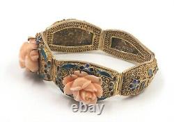 Pink Coral & Enamel Bracelet Handwrought Gold Plated Silver Cloisonné Features