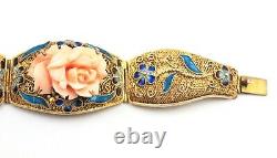 Pink Coral & Enamel Bracelet Handwrought Gold Plated Silver Cloisonné Features