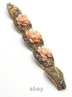 Pink Coral & Enamel Bracelet Handwrought Gold Plated Silver Cloisonné Features