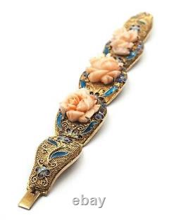 Pink Coral & Enamel Bracelet Handwrought Gold Plated Silver Cloisonné Features