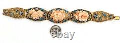 Pink Coral & Enamel Bracelet Handwrought Gold Plated Silver Cloisonné Features