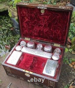 Quality Victorian Rosewood Mother of Pearl Marquetry Box with Silver Plated Bott