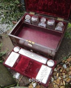 Quality Victorian Rosewood Mother of Pearl Marquetry Box with Silver Plated Bott