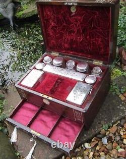Quality Victorian Rosewood Mother of Pearl Marquetry Box with Silver Plated Bott
