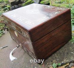 Quality Victorian Rosewood Mother of Pearl Marquetry Box with Silver Plated Bott