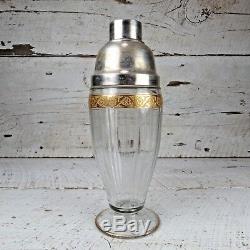 RARE Antique Art Deco Cocktail Shaker Cut Glass Silver Plate Gold Flowers VTG