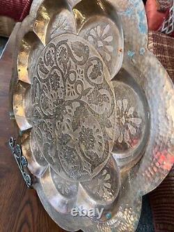 RARE Antique Silver Plated Tray Rustic Engraved Moroccan Star/Etched Copper Wall