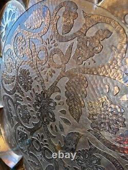 RARE Antique Silver Plated Tray Rustic Engraved Moroccan Star/Etched Copper Wall
