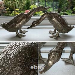RARE PAIR VINTAGE French SILVER PLATED CAST BRONZE DUCKS TABLE DECOR 4 X 8 VGC