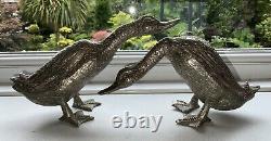 RARE PAIR VINTAGE French SILVER PLATED CAST BRONZE DUCKS TABLE DECOR 4 X 8 VGC