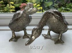 RARE PAIR VINTAGE French SILVER PLATED CAST BRONZE DUCKS TABLE DECOR 4 X 8 VGC