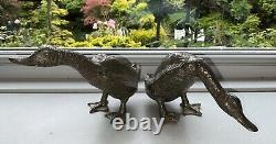 RARE PAIR VINTAGE French SILVER PLATED CAST BRONZE DUCKS TABLE DECOR 4 X 8 VGC