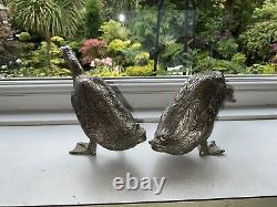 RARE PAIR VINTAGE French SILVER PLATED CAST BRONZE DUCKS TABLE DECOR 4 X 8 VGC