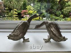RARE PAIR VINTAGE French SILVER PLATED CAST BRONZE DUCKS TABLE DECOR 4 X 8 VGC