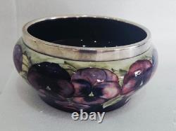 RARE William Moorcroft signed Celadon Pansy bowl silver plate rim Circa 1910