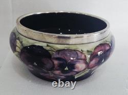 RARE William Moorcroft signed Celadon Pansy bowl silver plate rim Circa 1910