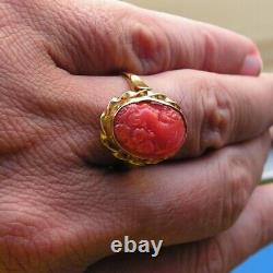 RING Red CORAL BAROQUE GENUINE Silver gold vintage 7,5 ITALY ORIGINAL FACE