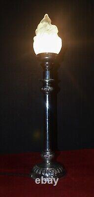Rare 1920 George V silver plated Corinthian banquet lamp art deco opaline shade