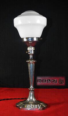 Rare 1920s hallmarked art deco silver plated table lamp Opaline milk glass shade
