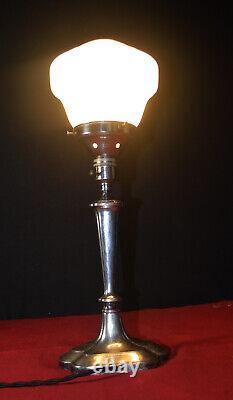 Rare 1920s hallmarked art deco silver plated table lamp Opaline milk glass shade