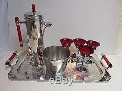 Rare 1930's Silver Plate & Red Bakelite Art Deco Cocktail Shaker Set Ice Bucket