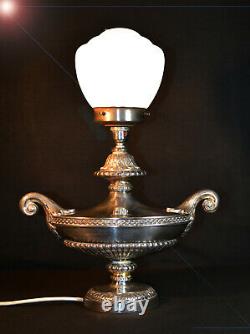 Rare 1940s heavy cast silver plated white metal two-handled Aladdin table lamp