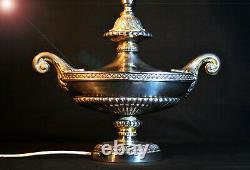 Rare 1940s heavy cast silver plated white metal two-handled Aladdin table lamp