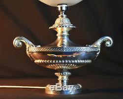 Rare 1940s ornate heavy silver-plated two handled Aladdins table lamp