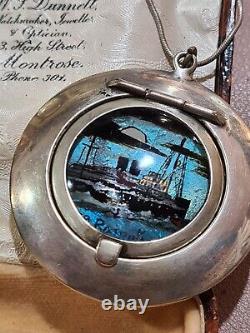 Rare Antique 1925 Morpho BUTTERFLY WING sweetheart locket PENDANT SterlingSilver