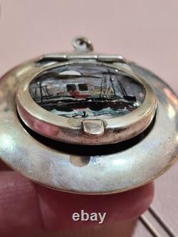 Rare Antique 1925 Morpho BUTTERFLY WING sweetheart locket PENDANT SterlingSilver