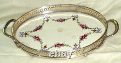 Rare Antique German BMF Porcelain & Silver Plate Rose Garland Oval Tray, c1900